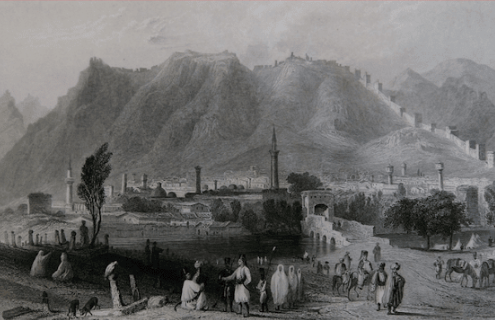 black and white drawing of city below a hill